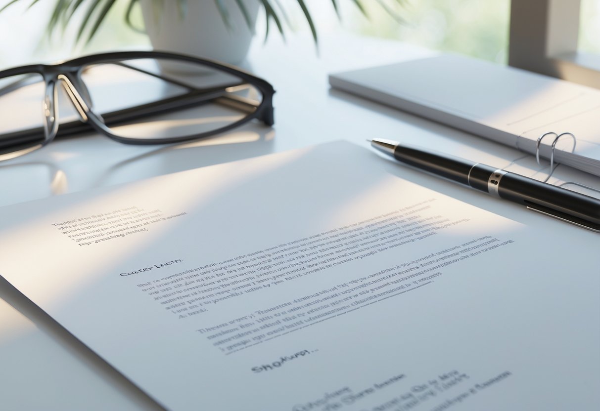 Close-up of a formal cover letter on a desk, showing the lower left corner where the enclosure line is placed below the signature block.