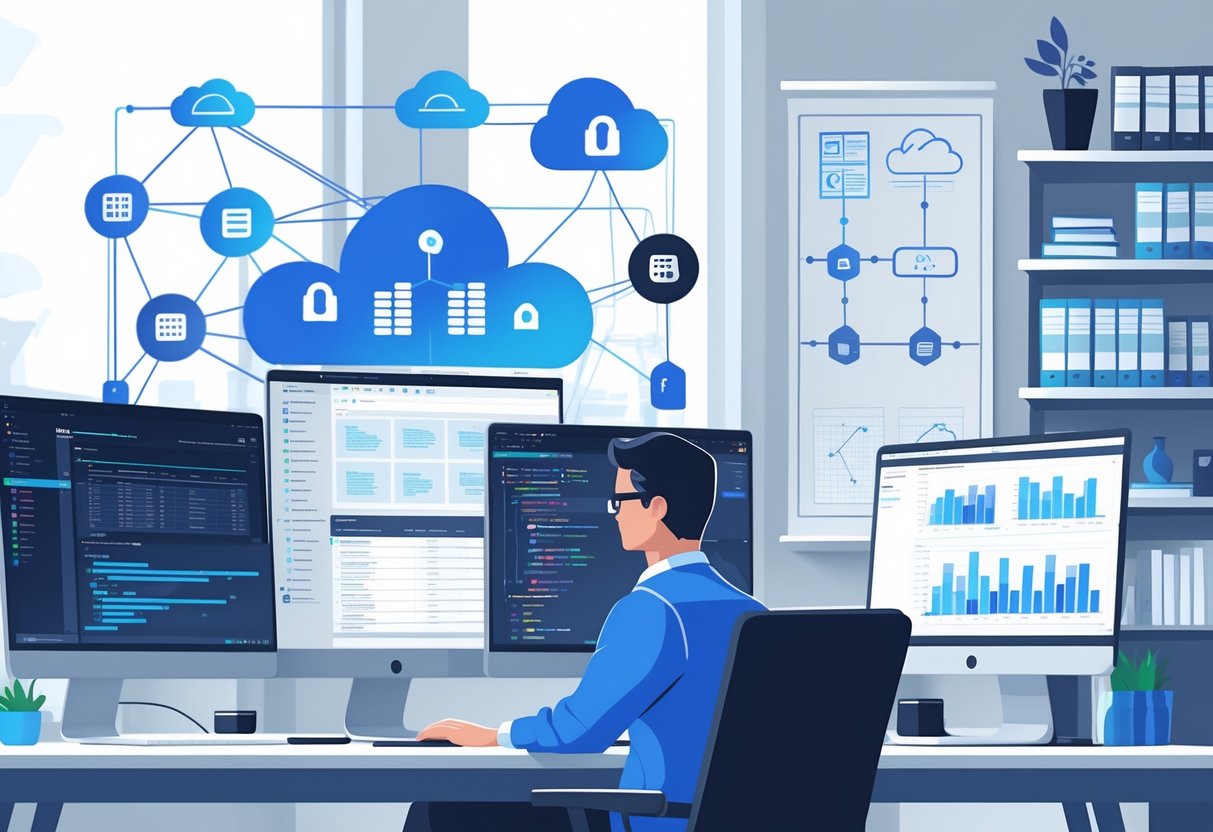 A person working at a desk with multiple computer screens showing database diagrams and charts, surrounded by icons representing data management and security.