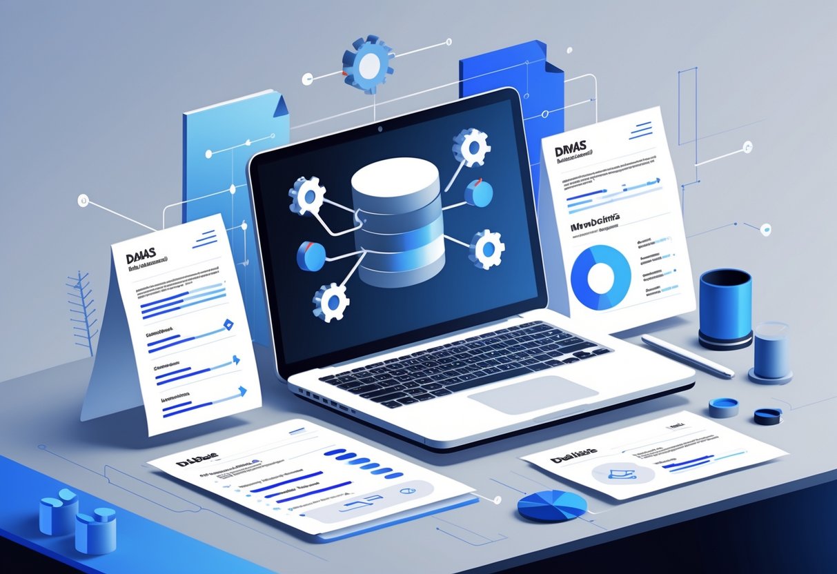 A desk with a laptop showing a database schema and documents representing database management skills on a resume.