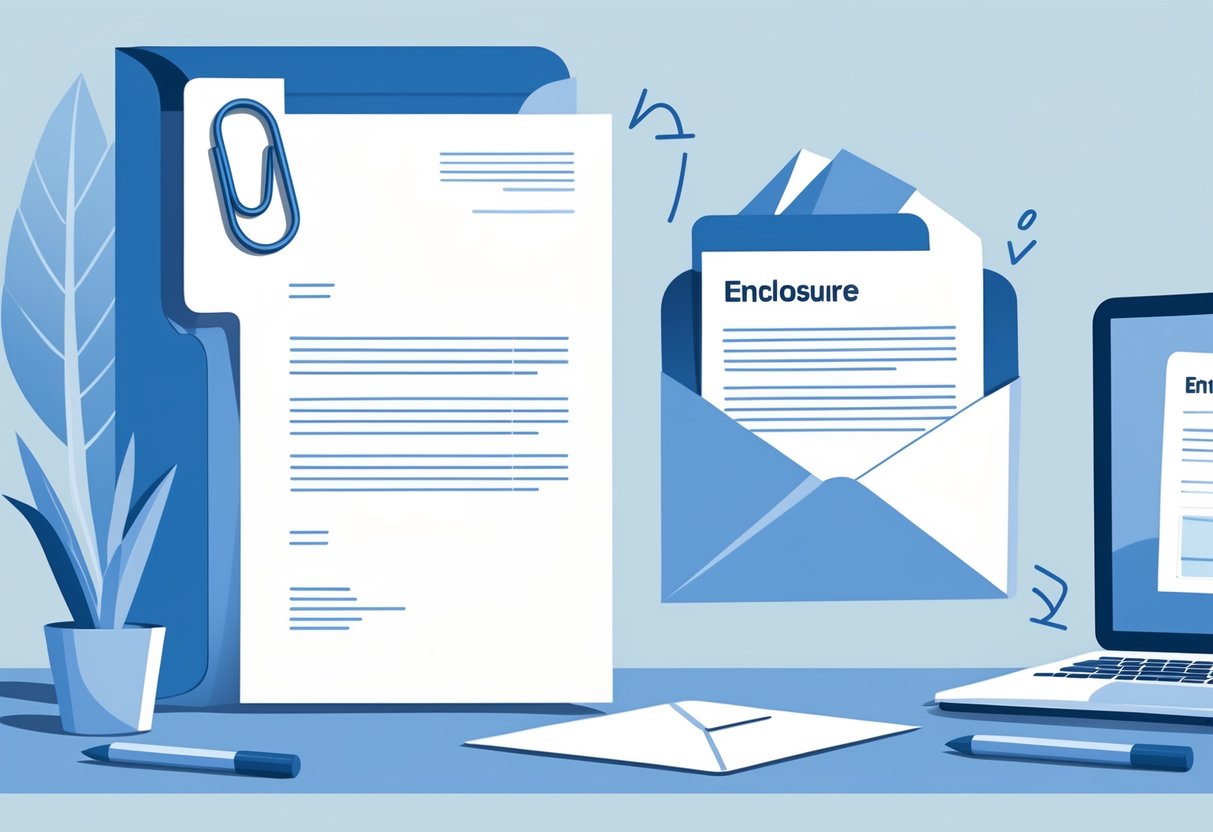 Illustration showing a cover letter with a paperclip representing an attachment on one side and an envelope containing additional documents representing an enclosure on the other side.