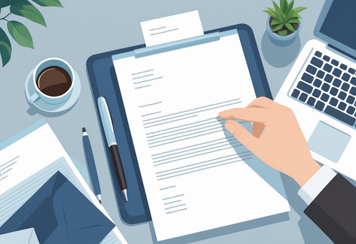 A hand placing an additional document next to a cover letter on a desk with office items in the background.
