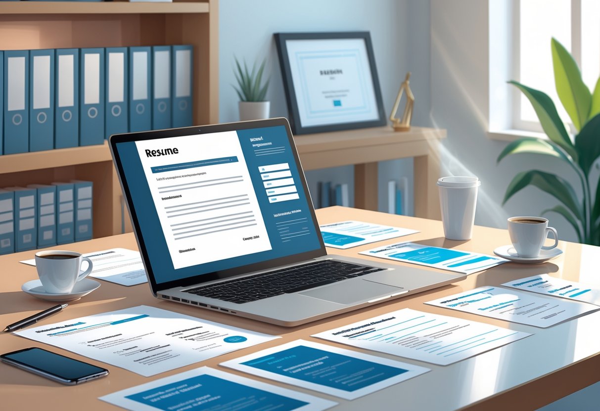 How to Add Your Best Professional Affiliations to Your 2025 Resume for Maximum Impact 1 A professional workspace with a laptop displaying a resume, surrounded by documents, business cards, and office items on a desk.