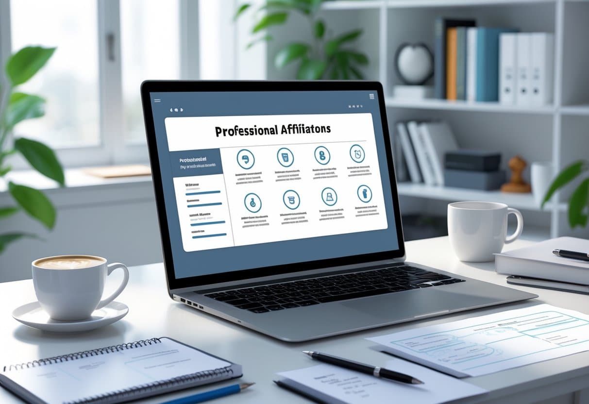How to Add Your Best Professional Affiliations to Your 2025 Resume for Maximum Impact 2 A modern workspace with a laptop showing a resume section for professional affiliations, surrounded by office supplies and a bookshelf in the background.