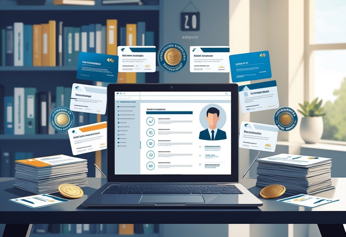 A desk with a laptop showing a digital resume, surrounded by professional membership cards and certificates in an office environment.