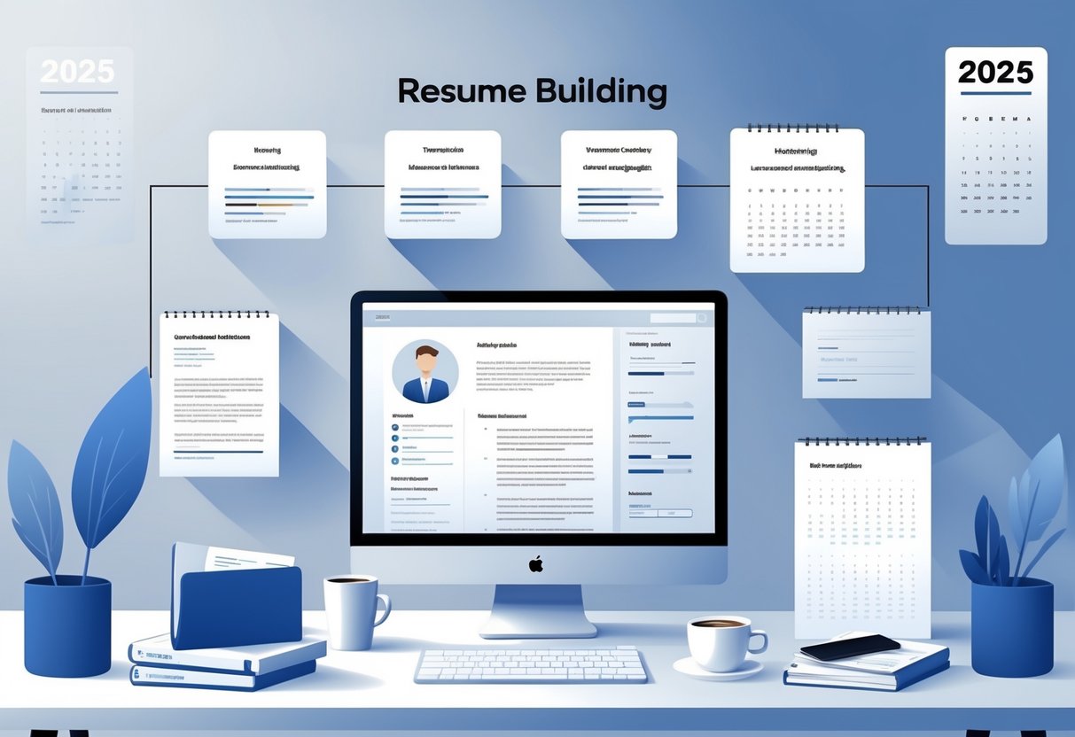 A modern workspace with a laptop showing a resume template, surrounded by documents and icons representing professional organizations, with a calendar showing the year 2025.