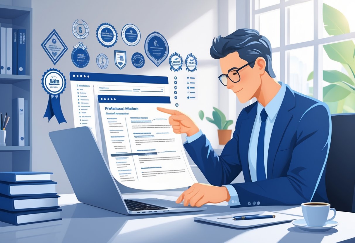 A businessperson reviewing a resume at a desk with symbols of professional memberships and certificates in a bright office.