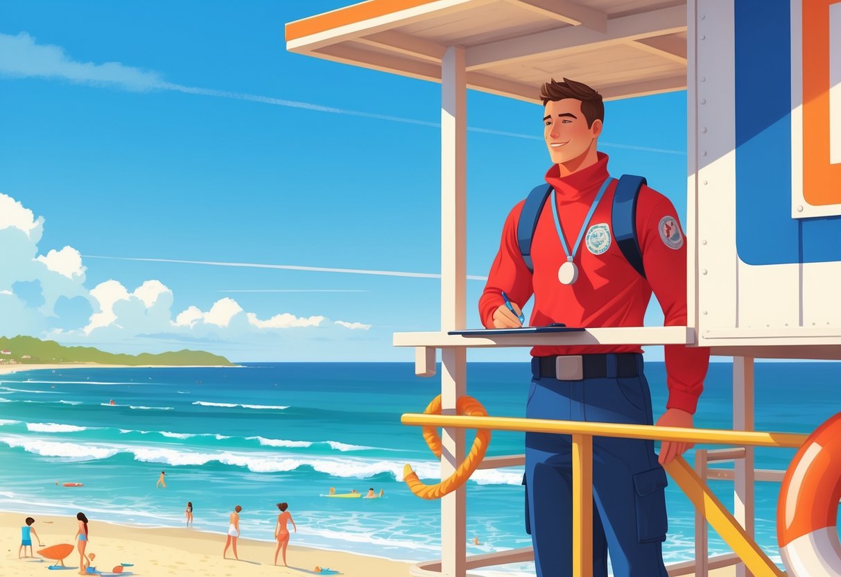 15 Lifeguard Resume Examples & Guide for 2025: Stand Out with Proven Tips 1 A lifeguard standing on a lifeguard tower at the beach, watching over swimmers and beachgoers on a sunny day.