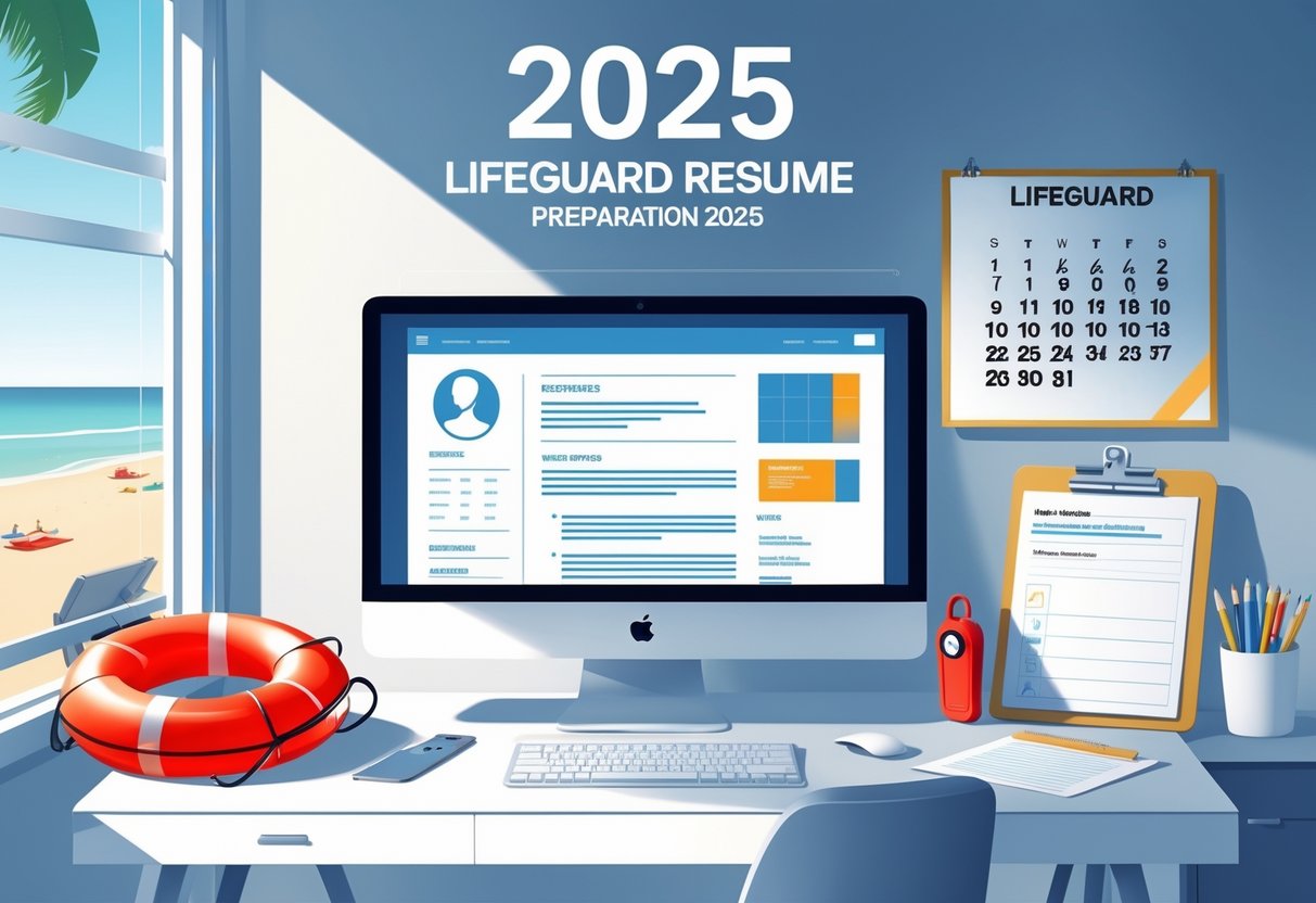 15 Lifeguard Resume Examples & Guide for 2025: Stand Out with Proven Tips 2 A clean workspace with a computer, lifeguard whistle, rescue buoy, and a calendar showing 2025, overlooking a calm beach scene.