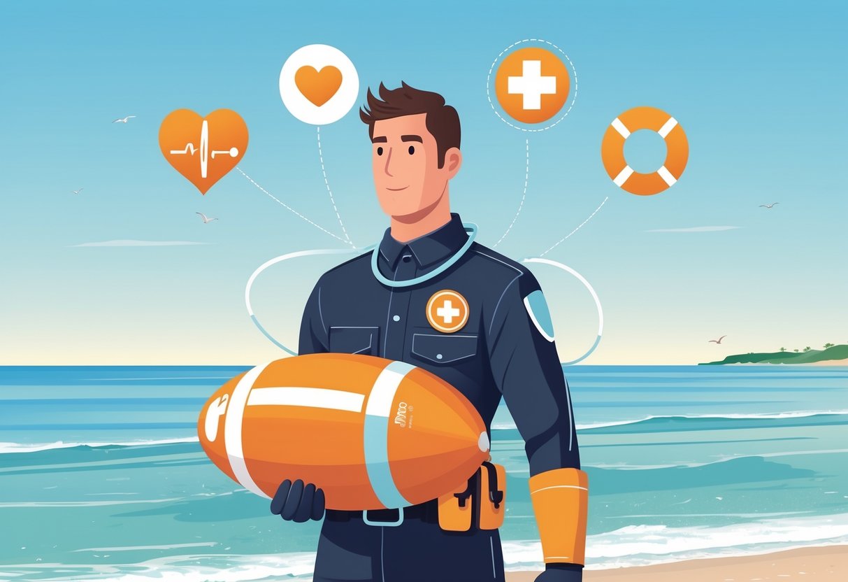 A lifeguard standing confidently by the water with rescue equipment and icons representing CPR, First Aid, and lifeguard certifications around them.