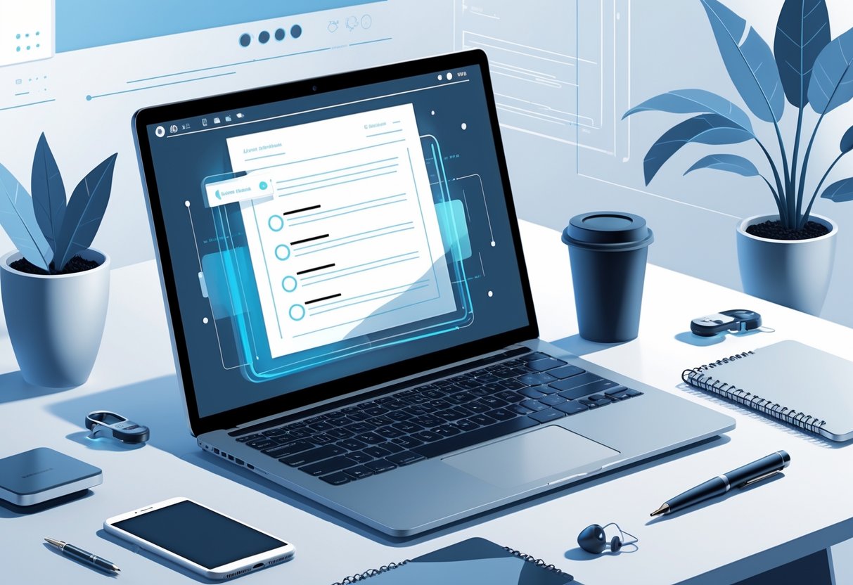 Professional Tech Cover Letter Examples for 2025: Expert Samples and Writing Tips 1 A modern workspace with a laptop showing a digital document, surrounded by tech gadgets and office items in a clean, professional setting.