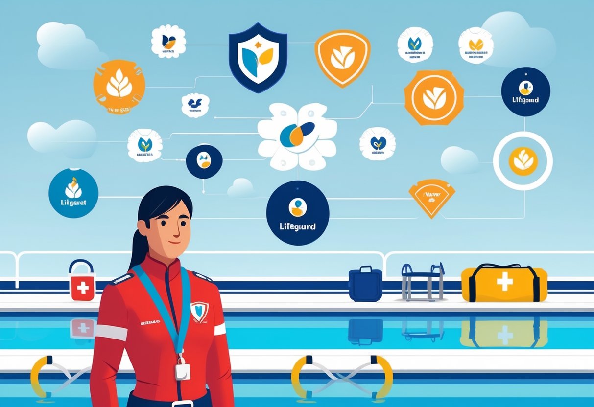 A lifeguard in red uniform standing by a swimming pool with safety equipment and symbols representing lifeguard jobs and employers in the background.