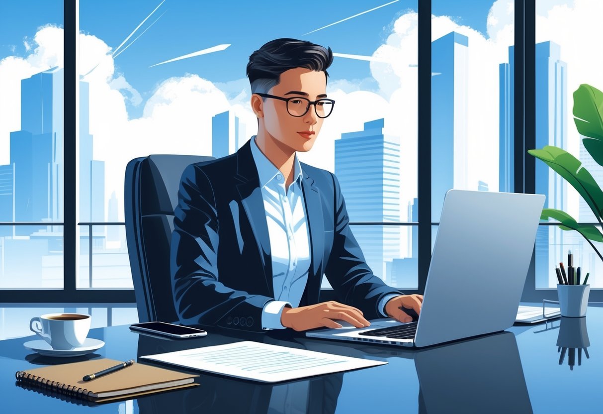 A person working at a desk with a laptop in a bright office overlooking a cityscape.
