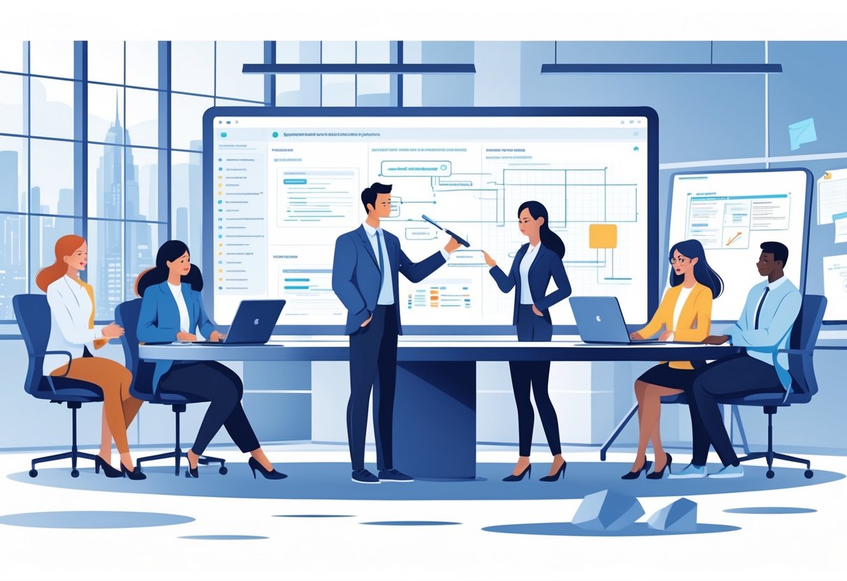 A group of professionals collaborating around a digital touchscreen table in an office, discussing technical diagrams and problem-solving strategies.