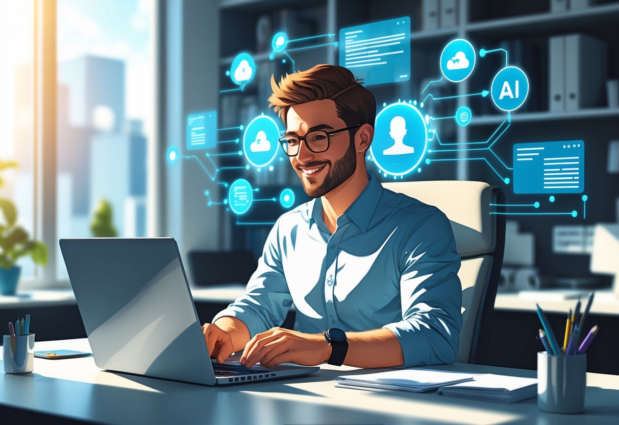 A software engineer writing a cover letter at a desk surrounded by holographic technology icons in a modern office.