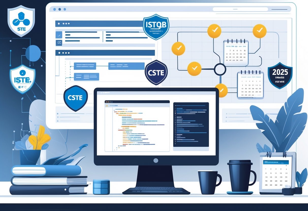 A modern workspace with a laptop, certification badges, documents, and a digital board showing testing workflows.