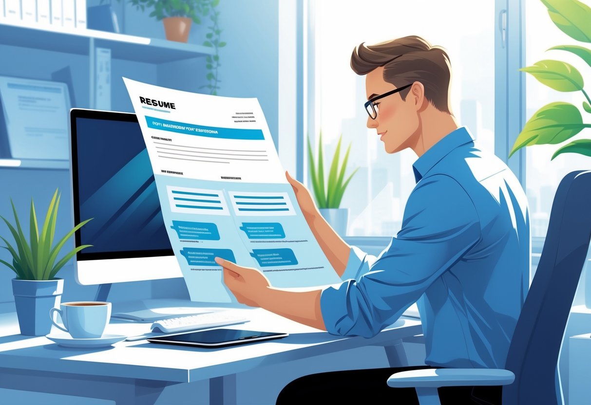 Should You Put Quotes on a Resume? 31 Examples to Inspire Your Career Success 1 A person sitting at a desk reviewing a resume in a bright office with a laptop and a plant nearby.