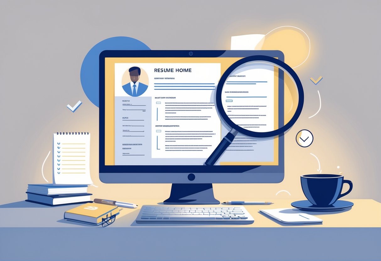 A tidy workspace with a laptop showing a resume template, a notebook, and a coffee cup, emphasizing focus on resume writing.