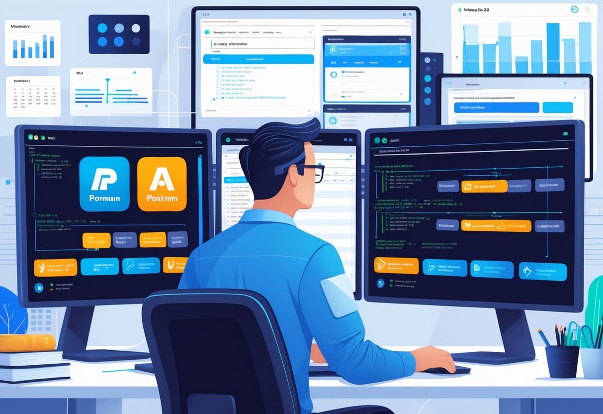 A test engineer working at a desk with multiple monitors showing API testing interfaces and data in a modern office.