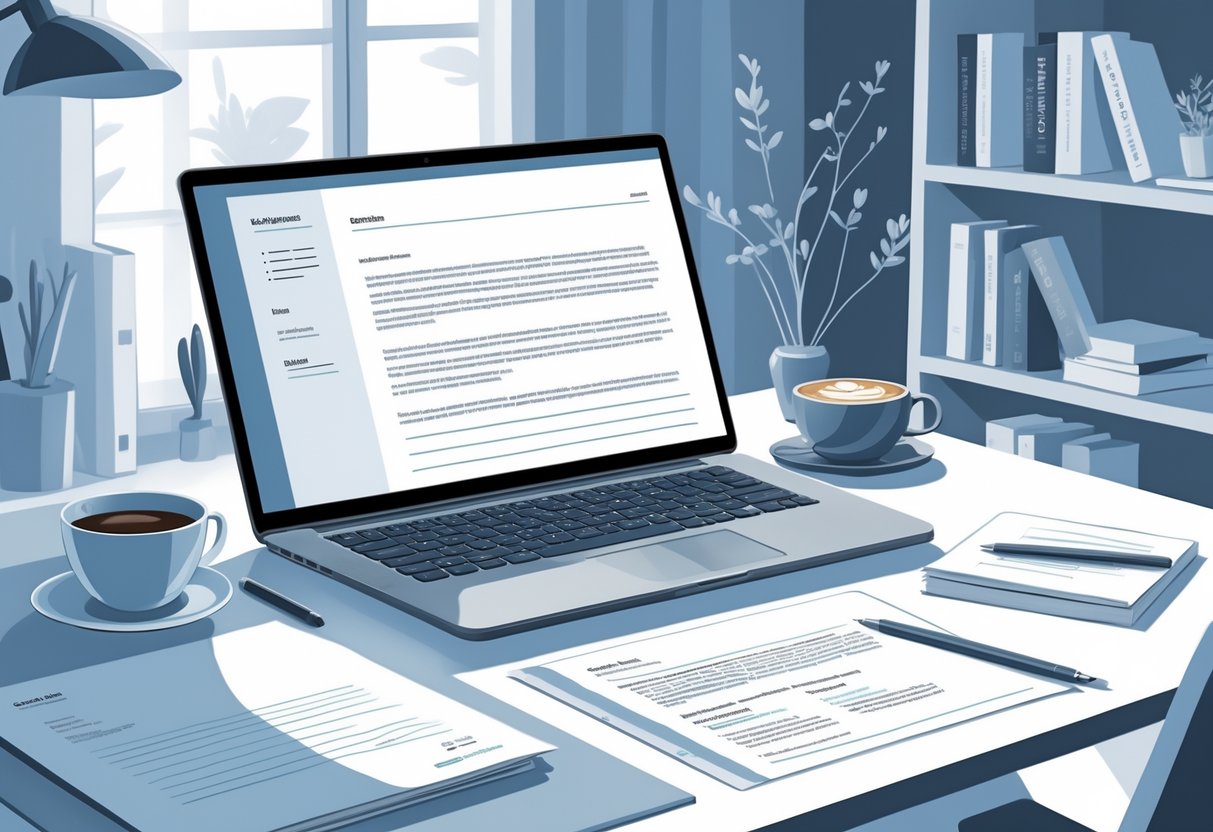 A neatly organized workspace with a laptop showing a cover letter, a resume on the desk, a coffee cup, and a pen, suggesting career preparation.