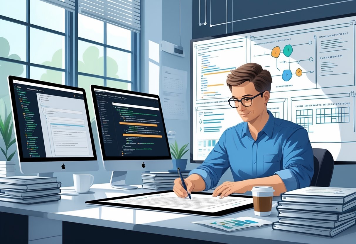A test engineer writing manual test cases at a desk with multiple monitors and documents in a bright workspace.