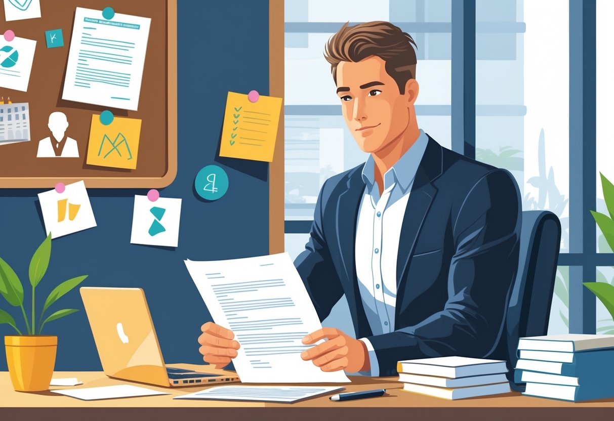 A person in business attire reviewing a resume at a desk in a modern office setting with career-related items around.