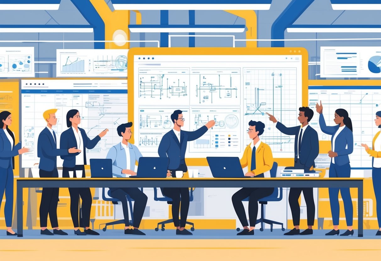 A group of professionals collaborating around a table with laptops and digital screens in a modern office.