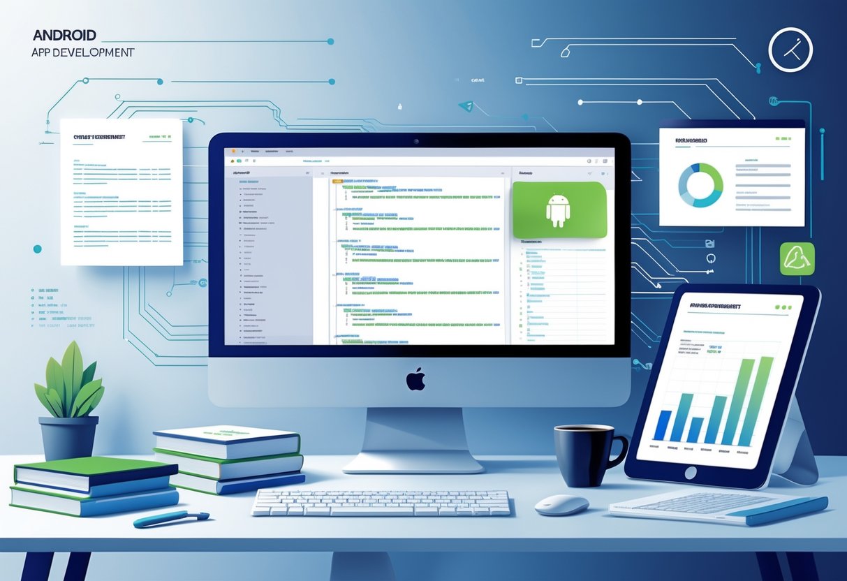 21 Android Developer Resume Examples & Guide for 2025: Expert Tips to Land Your Next Job 1 A modern office workspace with a computer showing Android app code, documents, and tech-related items representing career development.