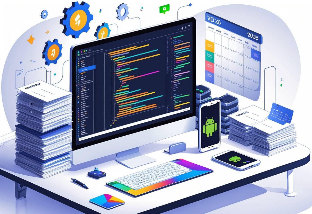 21 Android Developer Resume Examples & Guide for 2025: Expert Tips to Land Your Next Job 2 A modern workspace with a computer showing Android app code and wireframes, surrounded by documents and a smartphone with the Android logo.