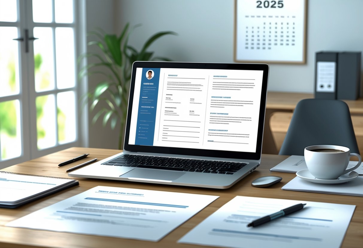 20 ATS Resume Examples & Guide for 2025: Beat the Bots and Land More Interviews 1 A modern office desk with a laptop showing a digital resume, documents, a pen, and a coffee cup, with a calendar in the background.