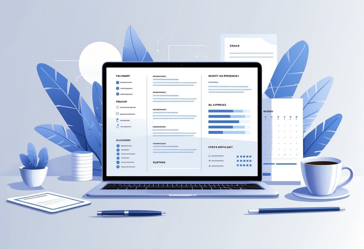 20 ATS Resume Examples & Guide for 2025: Beat the Bots and Land More Interviews 2 A tidy workspace with a laptop showing a simplified resume layout, a pen, notebook, and coffee cup arranged neatly on a bright desk.