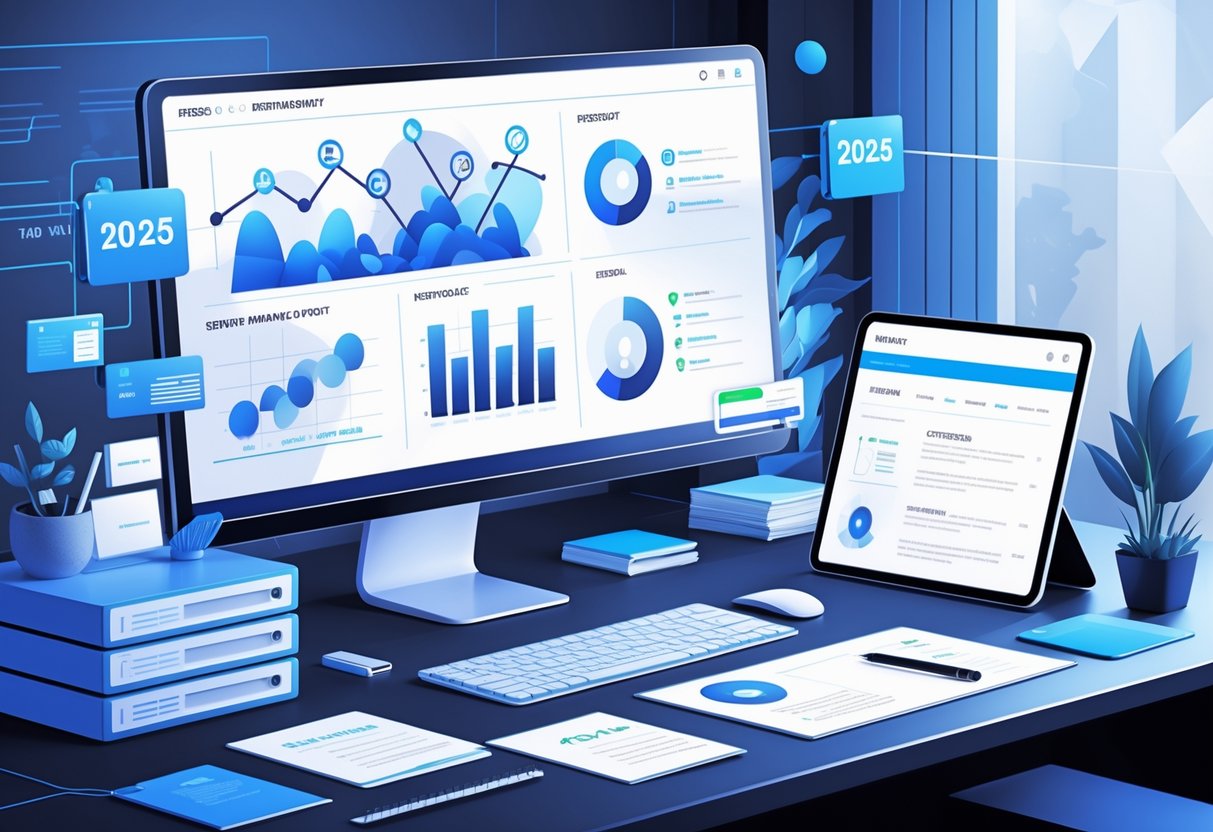 A modern workspace with a computer showing data charts, documents, and a tablet displaying a resume template, representing server management and resume preparation.