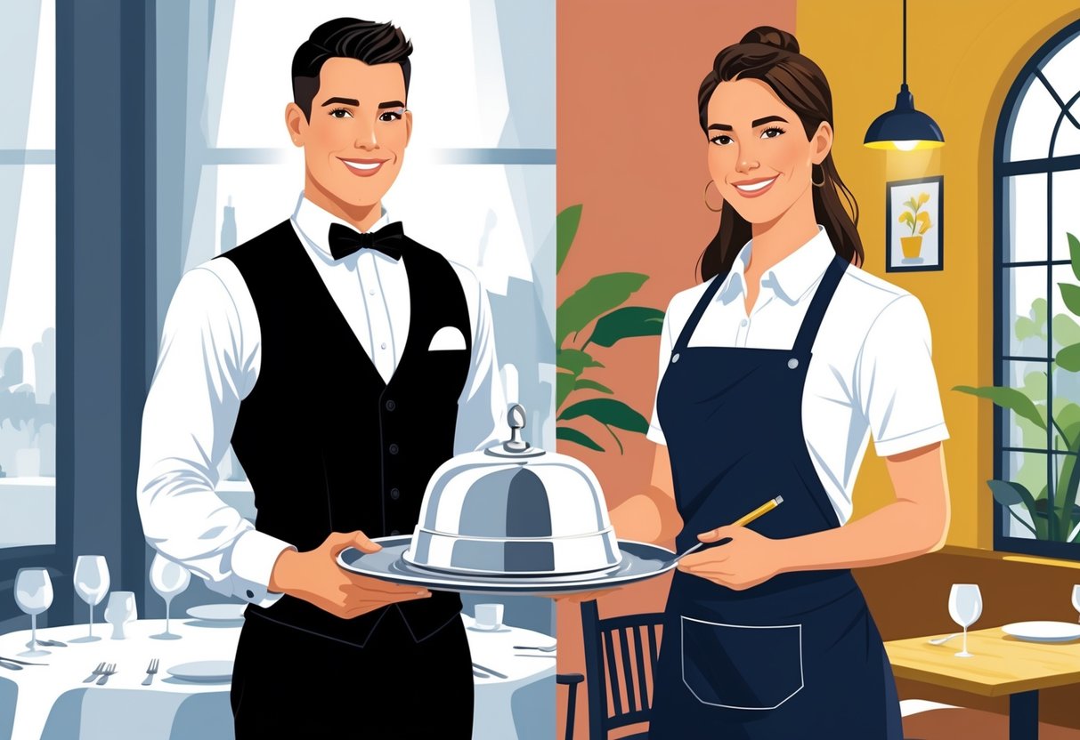 Two servers side by side, one in formal attire holding a covered tray in an elegant restaurant, the other in casual clothing holding a notepad in a relaxed bistro setting.