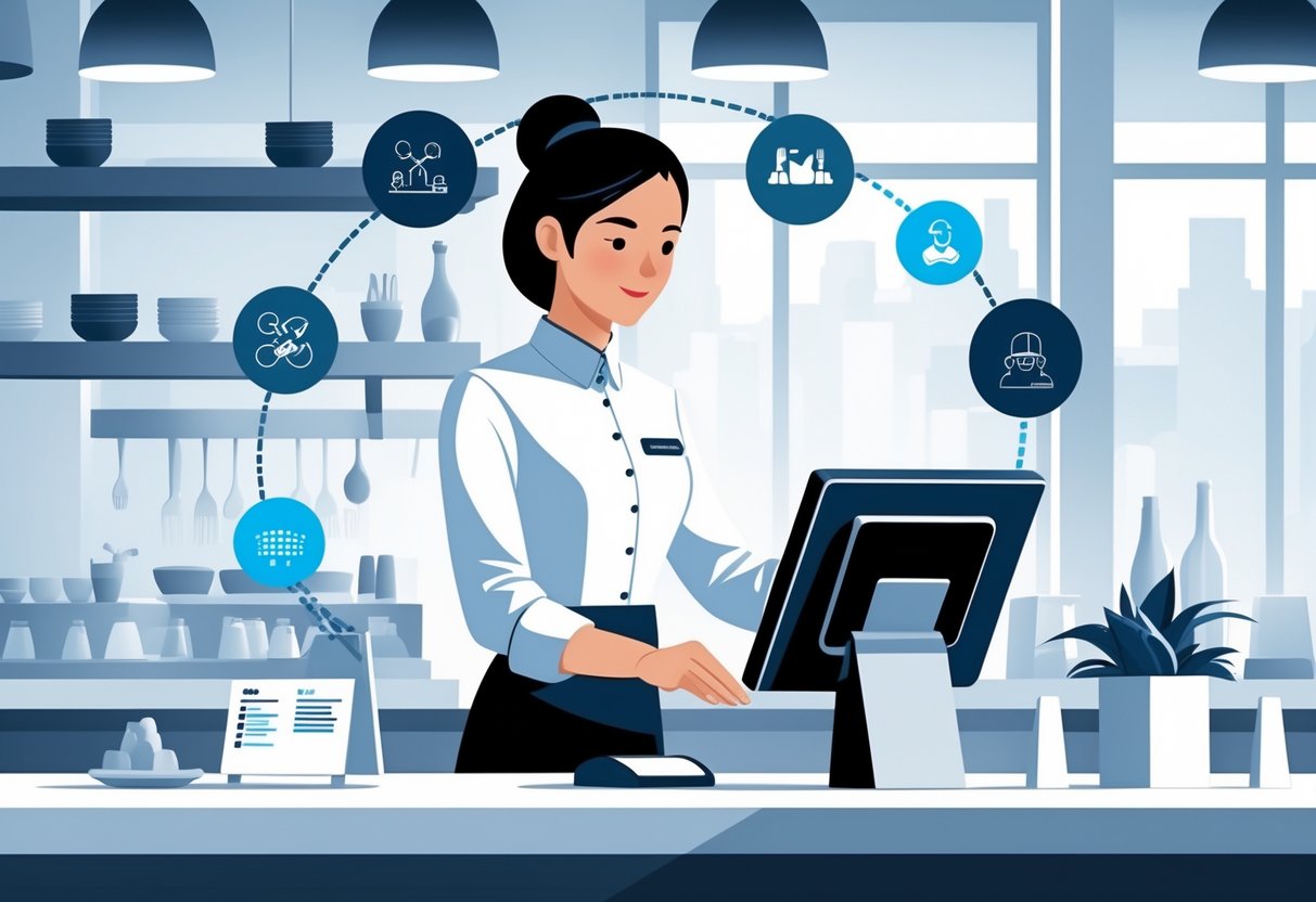 A restaurant server using a touchscreen point-of-sale device at a counter in a modern dining setting.