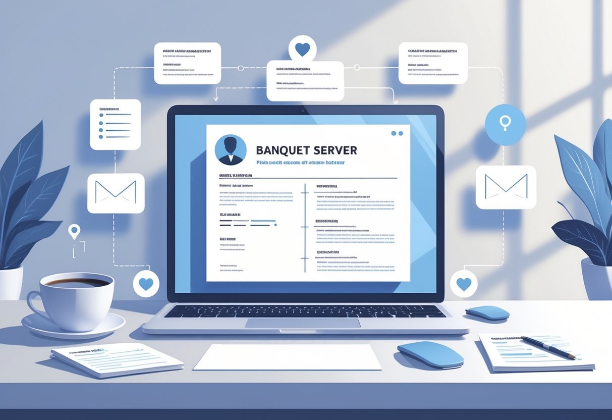17 Banquet Server Resume Examples & Guide for 2025 to Boost Your Job Search 2 A tidy desk with a laptop, coffee cup, and notepad, surrounded by icons representing contact information, illustrating resume preparation for a banquet server job.