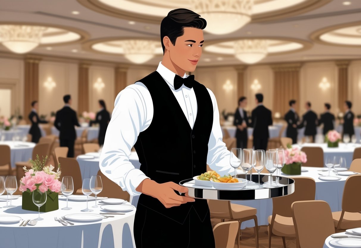 A banquet server carrying a tray with glasses and plates in a formal event hall with decorated tables and guests.