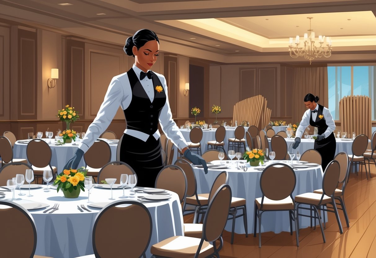 A banquet server arranging tables and another stacking chairs in a banquet hall during setup and teardown.