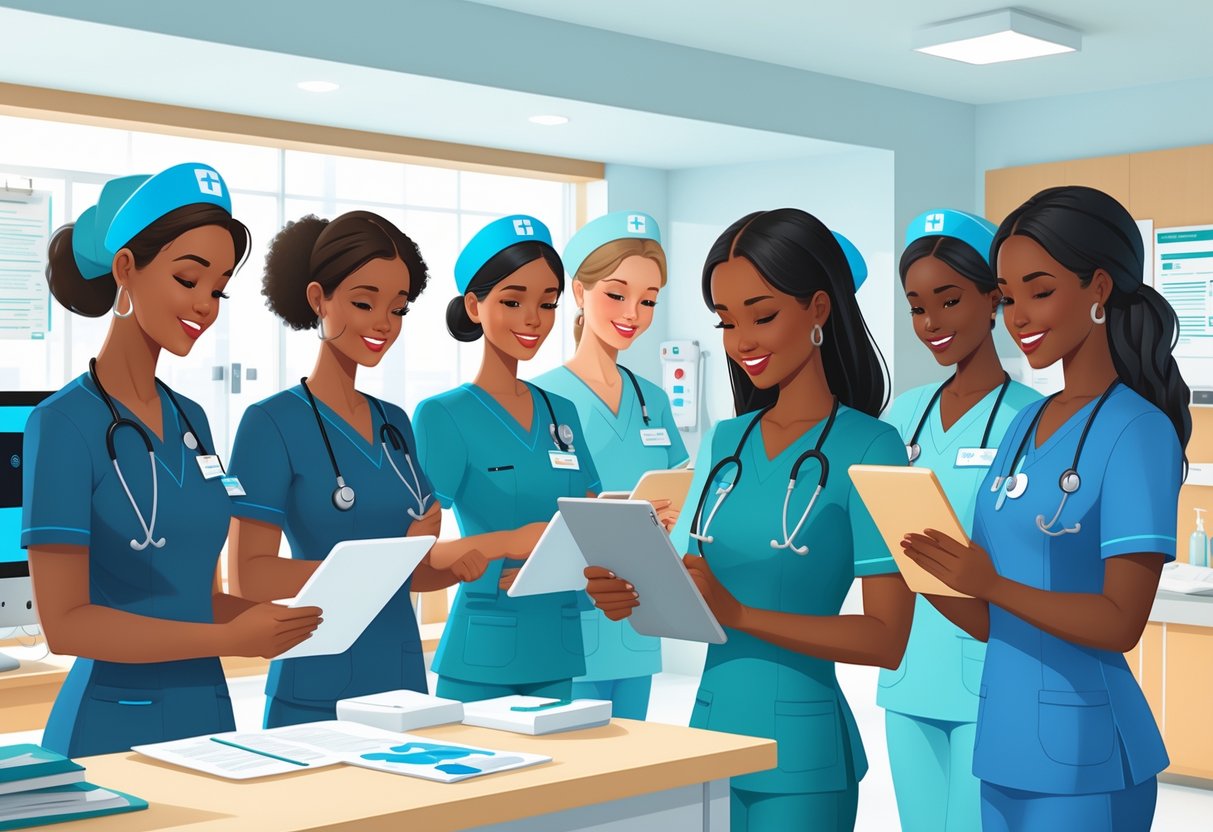 30 Professional Nursing Cover Letter Examples for 2025 to Inspire Your Application 1 A group of nurses working together in a hospital, reviewing documents and using tablets in a bright healthcare setting.