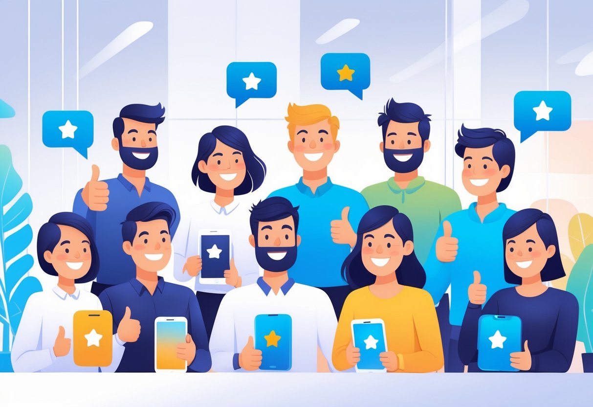 10 RoboApply Reviews by REAL Customers: Honest User Experiences and Insights 1 Ten diverse customers happily sharing their positive experiences in a modern office setting with digital devices.