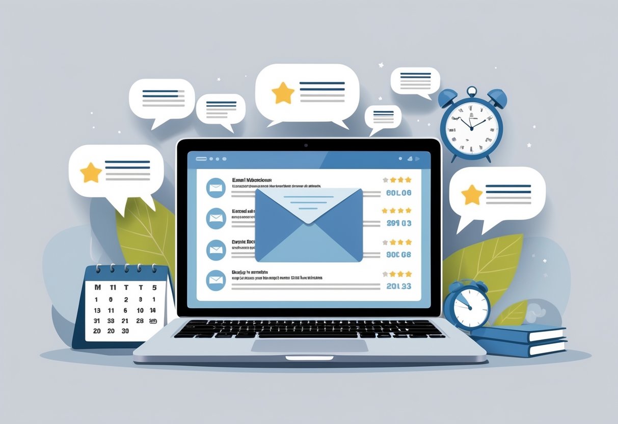 A laptop on a desk showing email notifications surrounded by icons representing customer reviews, with a calendar and clock nearby.