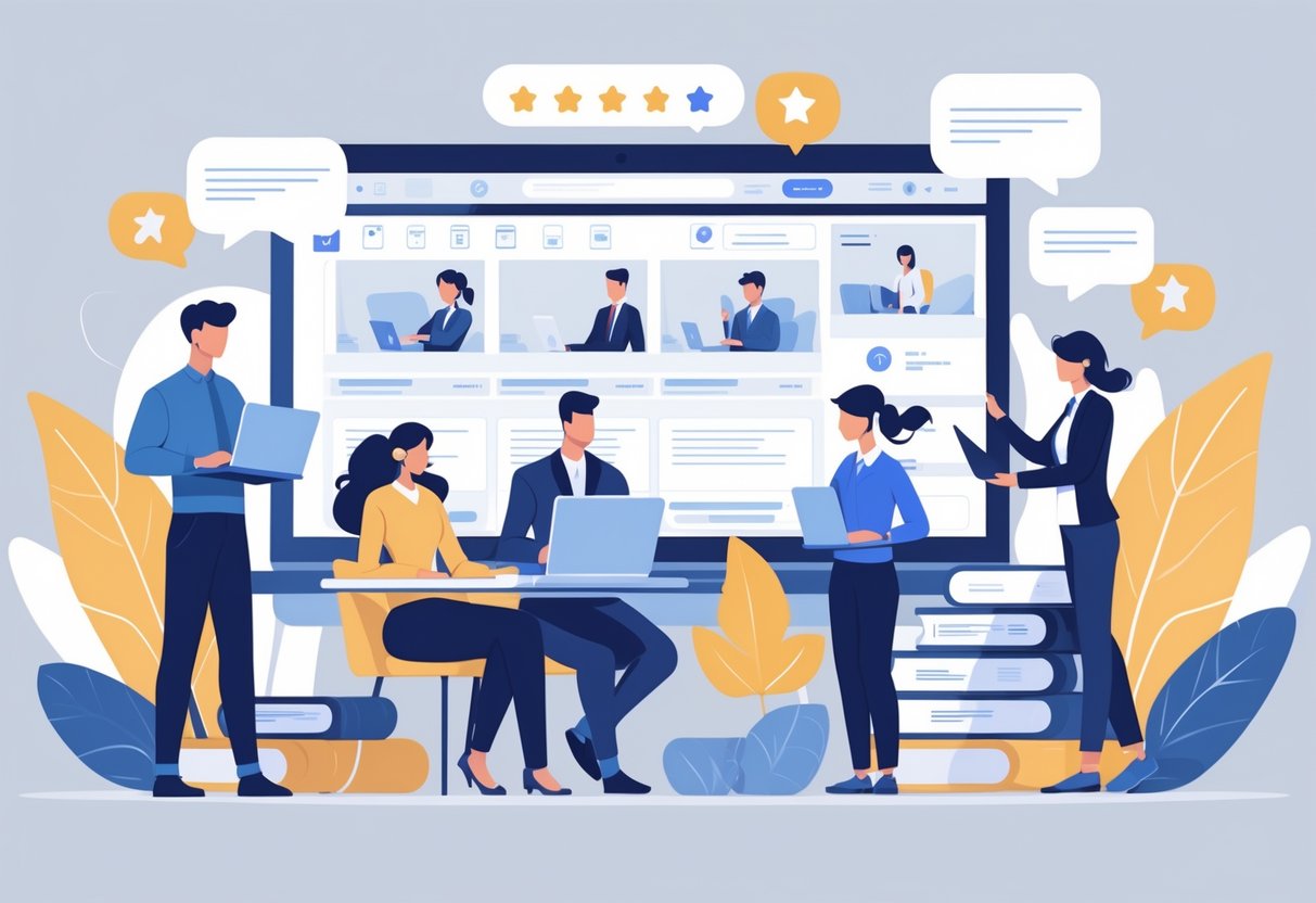 A diverse group of people working with laptops and documents, surrounded by icons representing online reviews and feedback.