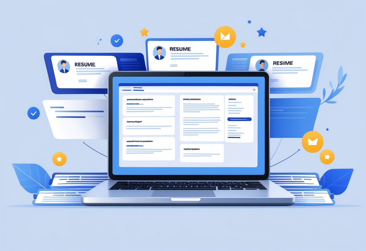A workspace with a laptop showing multiple resumes and cover letters, surrounded by icons representing documents and positive user reviews.