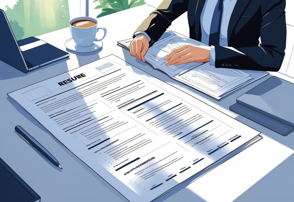 A person reviewing a three-page resume on a desk with a laptop, coffee cup, and pen in a clean office setting.