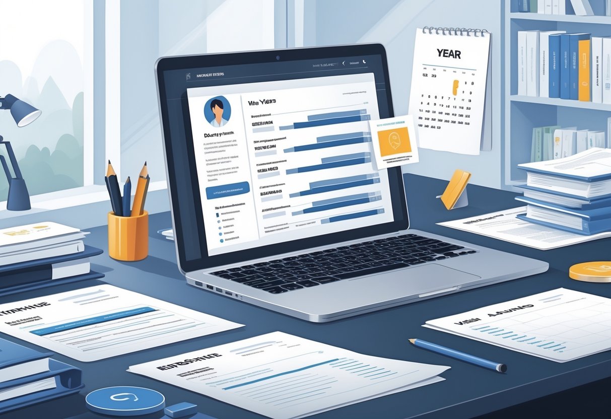 A modern office desk with a laptop showing a digital resume interface, surrounded by documents and career-related items, in a clean and organized workspace.