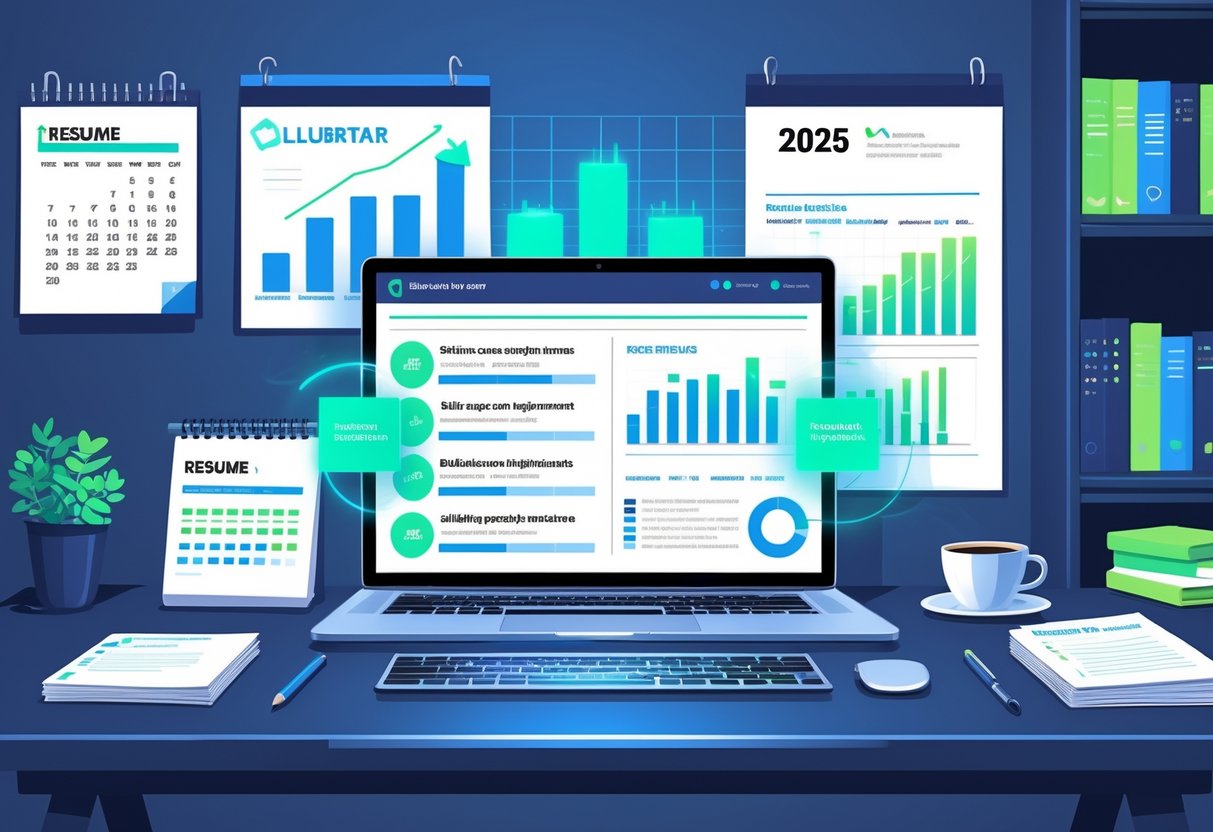 A modern workspace with a laptop showing a digital resume highlighting skills and accomplishments, surrounded by notes, charts, and a calendar marked 2025.