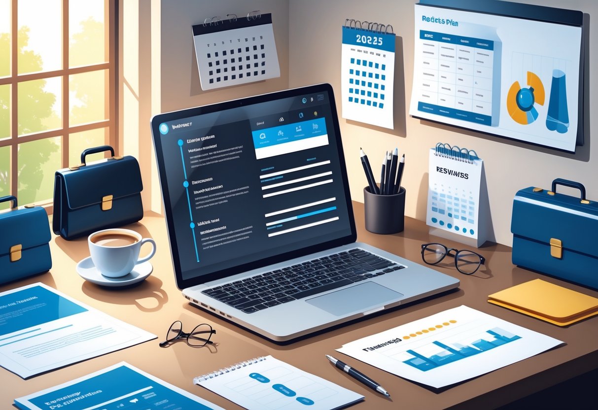 A modern office workspace with a laptop displaying a digital resume, surrounded by industry icons and office supplies, emphasizing resume tailoring for different jobs in 2025.