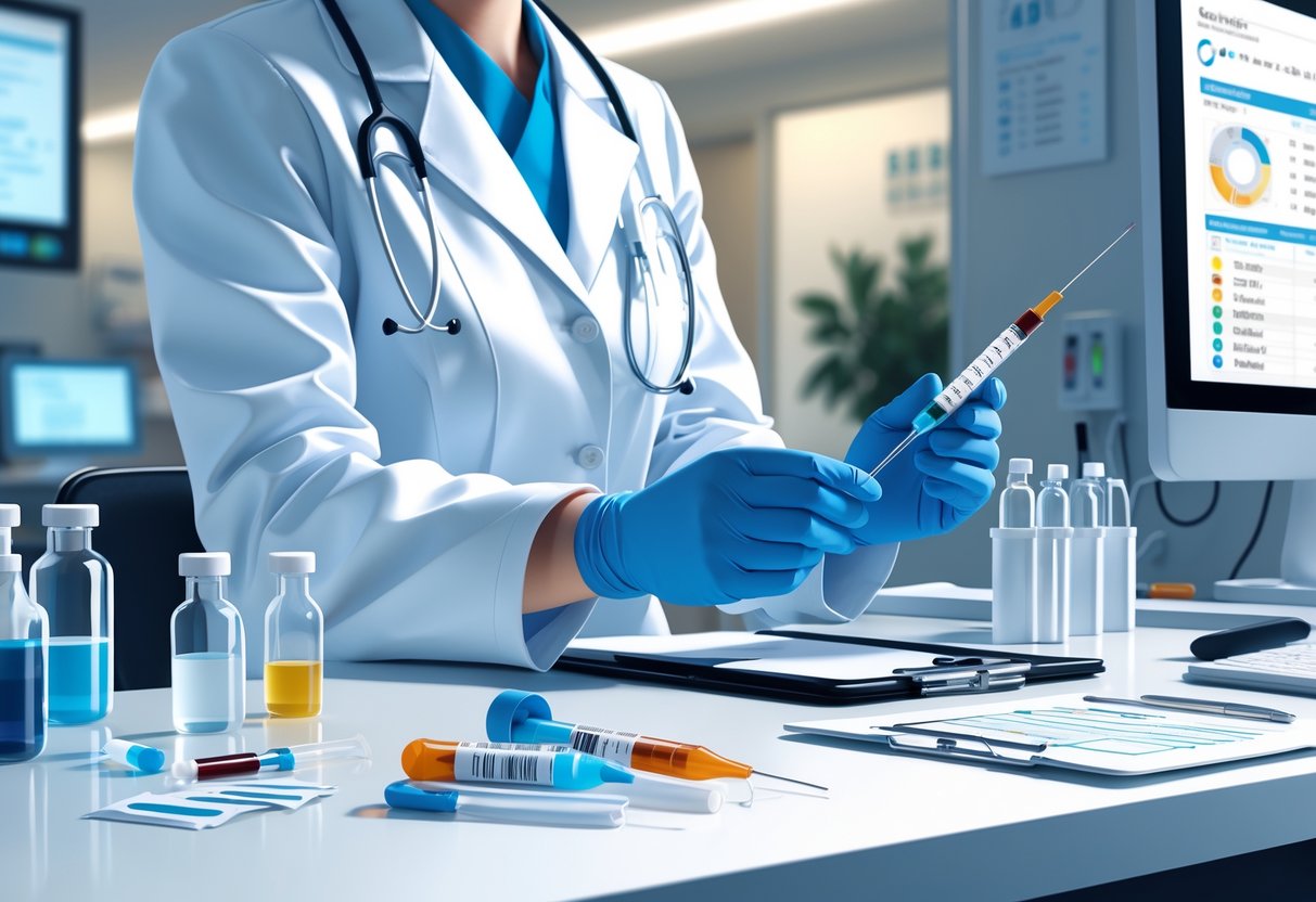 20 Phlebotomist Resume Examples That Got Jobs in 2025 1 A phlebotomist in a white lab coat and blue gloves holding a blood collection tube and needle in a clean medical environment with medical tools and equipment on a countertop.
