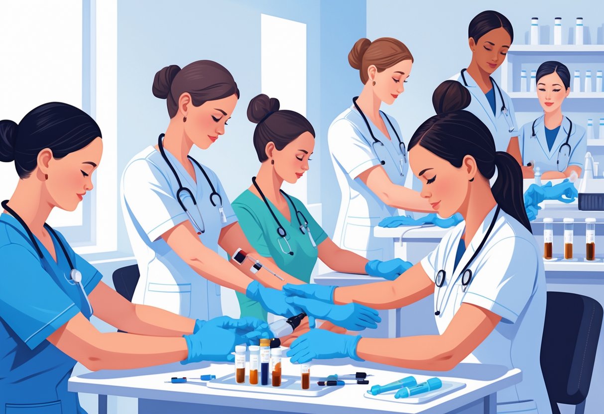A phlebotomist drawing blood from patients using various techniques in a clean medical setting.