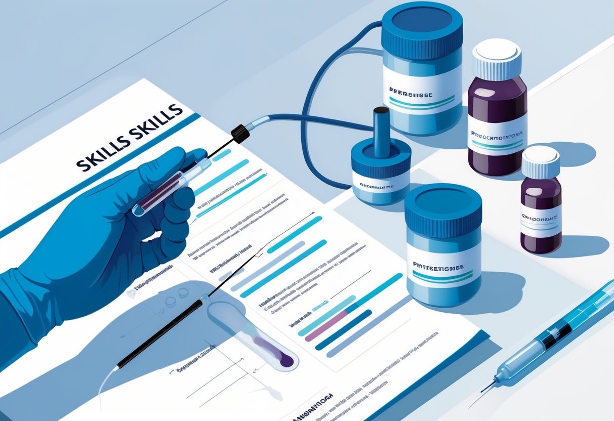 An illustration showing a gloved hand drawing blood with a needle, a fingertip with a drop of blood, and labeled specimen containers arranged neatly on a clean surface.