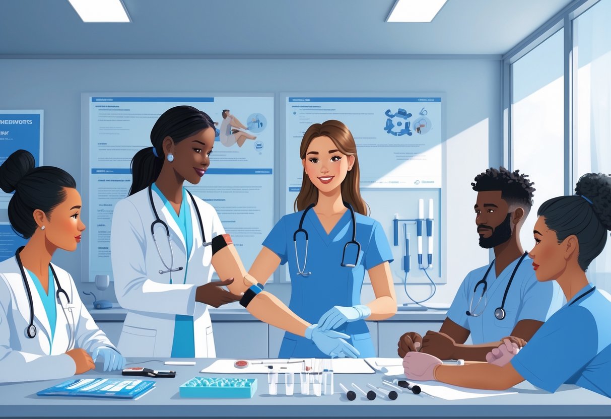 A phlebotomist leading a team training session in a medical room, demonstrating blood collection techniques to attentive healthcare professionals.