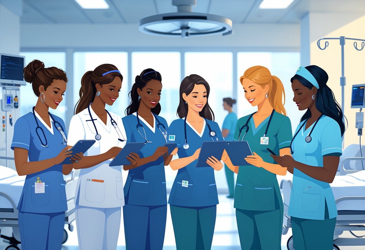 A group of nurses in different nursing roles working together in a hospital setting.